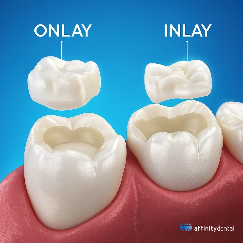 Illustration comparing inlay and onlay restorations